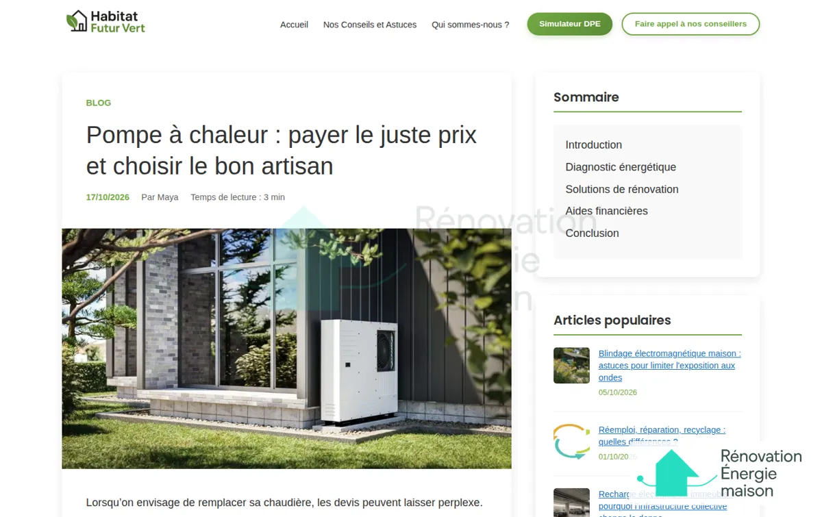 Capture : Pompe à chaleur : payer le juste prix et choisir le bon artisan | habitatfuturvert.fr